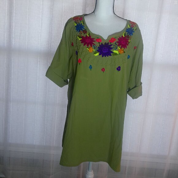 Guatemala Hand Embroidered Short Sleeve Green Tunic XXL - Picture 1 of 4